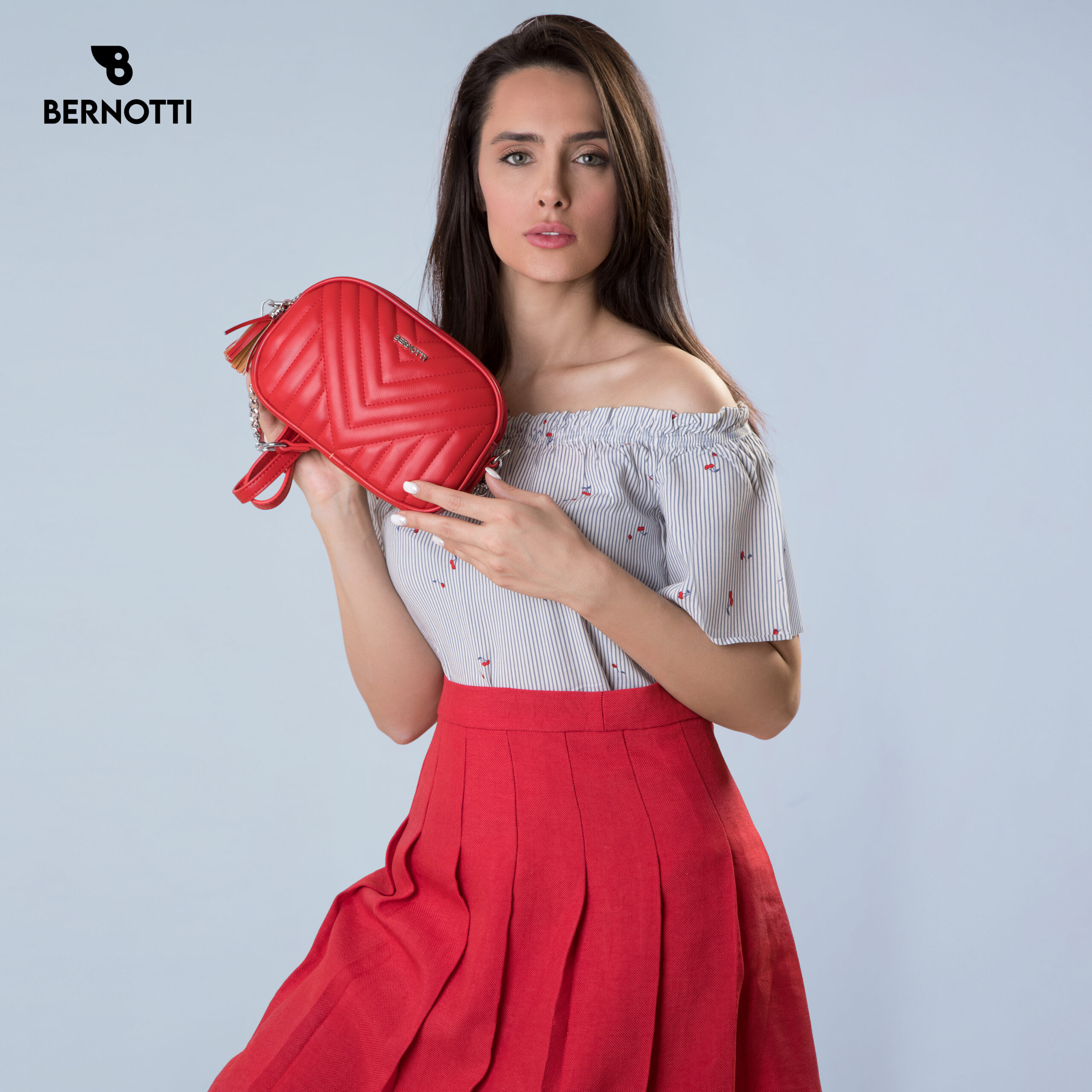 Women-ShoulderBag-WaistBag-Bernotti-Brand-TB-6427-Red-Color-Front-Model-scaled